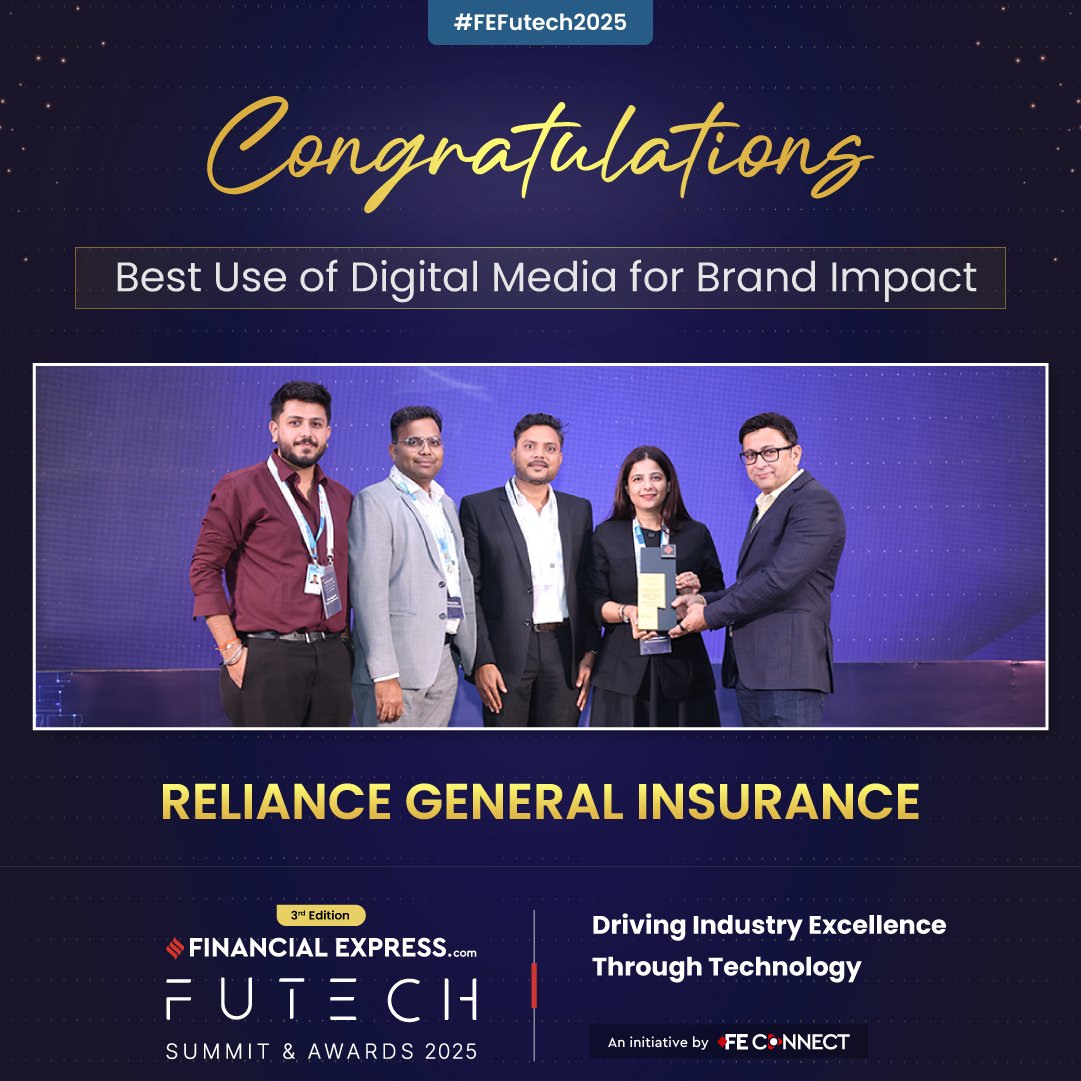 FE_Connect's tweet image. Congratulations to @RelianceGenIn for winning Gold in Best Use of Digital Media for Brand Impact at the FE FuTech Awards 2025 — honoured for elevating brand impact with powerful, data-driven digital media strategies.

#FEFutechAwards2025 #FEConnect #FEB2B #FEEvents
