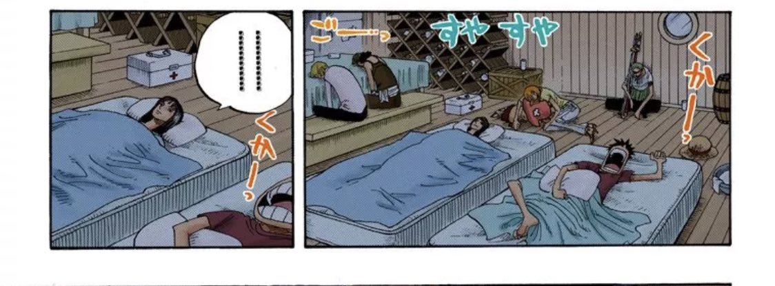 RunnerSinnosuke's tweet image. #ほぼ日手帳に載せたい細かすぎるワンピの好きなところ
普段は男子禁制の女子部屋だが
命の危機の時は
みんな心配で
一緒に寝るところ