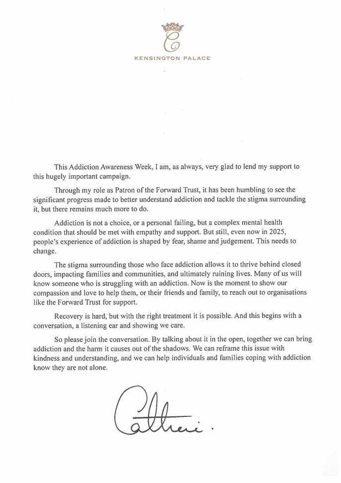 ActionAddiction's tweet image. We&apos;re delighted to share a message of support from our Patron, HRH Princess of Wales @KensingtonRoyal, for Addiction Awareness Week. ❤️ 

Read more on our website: takingactiononaddiction.org.uk/news/message-o…

#LetsTalkAddiction