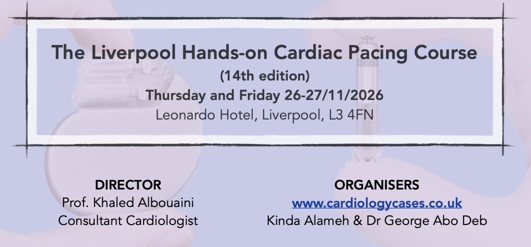 Albouaini's tweet image. The 14th edition of our National Hands-on Cardiac Pacing Course, scheduled for Thursday -Friday 26-27/11/26. 

See the overwhelmingly positive feedback (pages 5-8) on PDF flyer: cardiologycases.co.uk.

#MedTwitter @BritishCardioSo @TheBJCA @BHRSociety #CardioEd #CardioTwitter