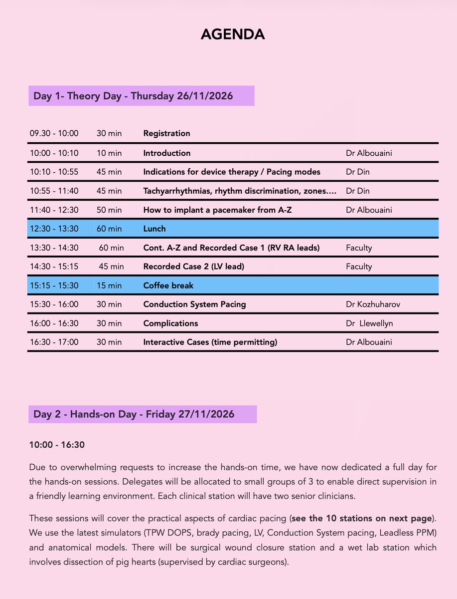 Albouaini's tweet image. The 14th edition of our National Hands-on Cardiac Pacing Course, scheduled for Thursday -Friday 26-27/11/26. 

See the overwhelmingly positive feedback (pages 5-8) on PDF flyer: cardiologycases.co.uk.

#MedTwitter @BritishCardioSo @TheBJCA @BHRSociety #CardioEd #CardioTwitter