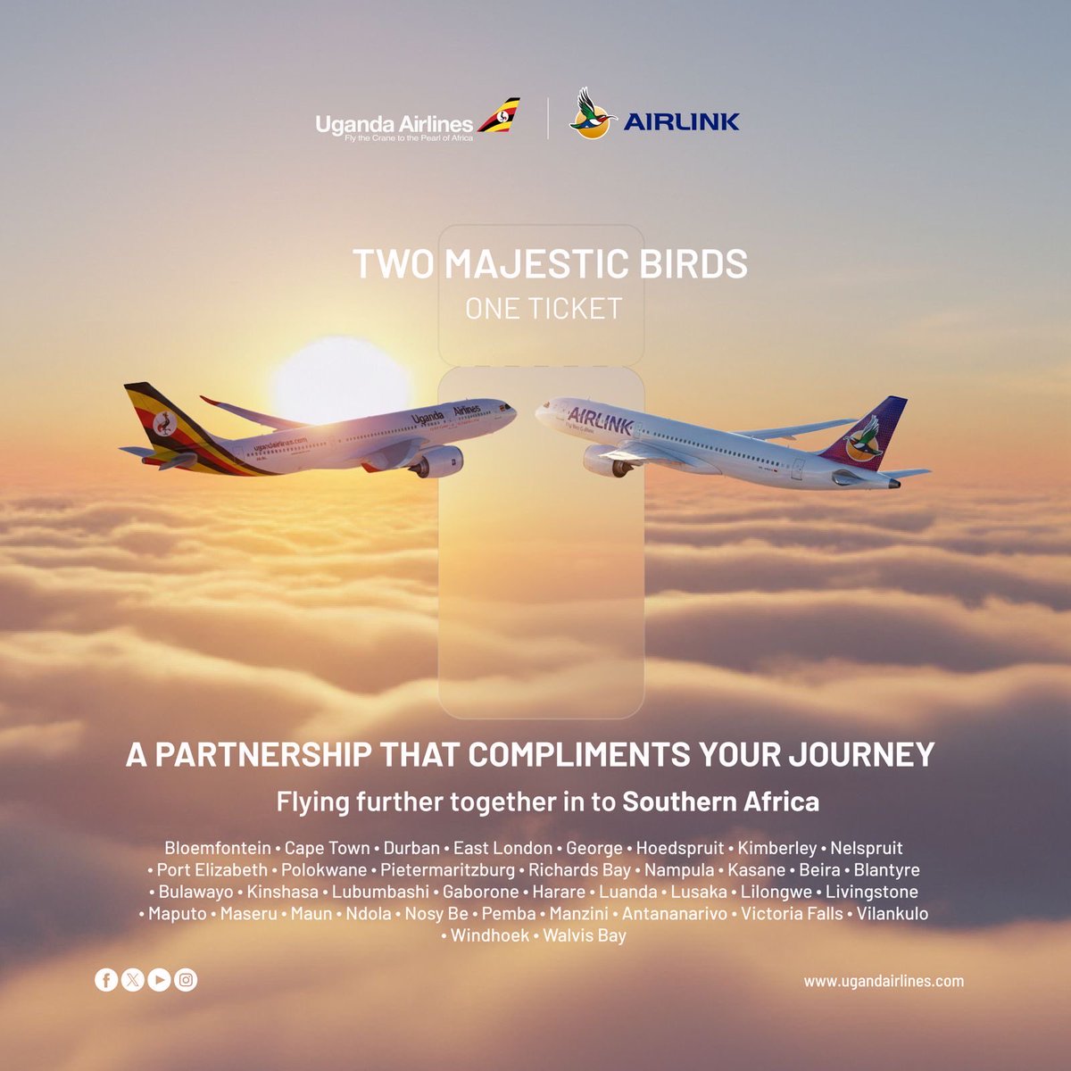 UPDATE- Uganda Airlines, Airlink Sign Interline Partnership to Expand Connectivity Across Southern Africa. 
ubc.go.ug/2025/11/24/uga…