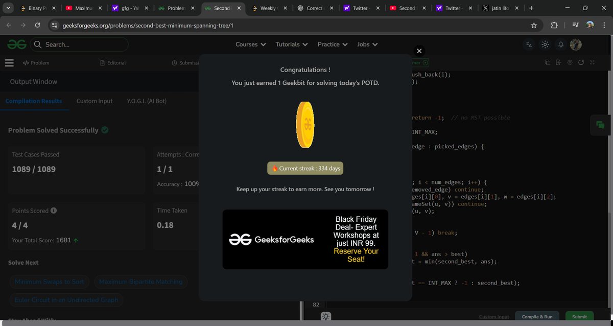 Jatin_lifo82's tweet image. 🌟Day 327 👨‍💻. 
Solve @geeksforgeeks || @LeetCode 
POTD Cpp⚡
Question LC. 1018. Binary Prefix Divisible By 5  Easy😎 ✅. 
Question GFG. Second Best Minimum Spanning Tree  Medium ✅. 
#geeksforgeeks #leetcode #DSA #POTD 
@LeetCode @geeksforgeeks #CPP25 #CodingChallenge