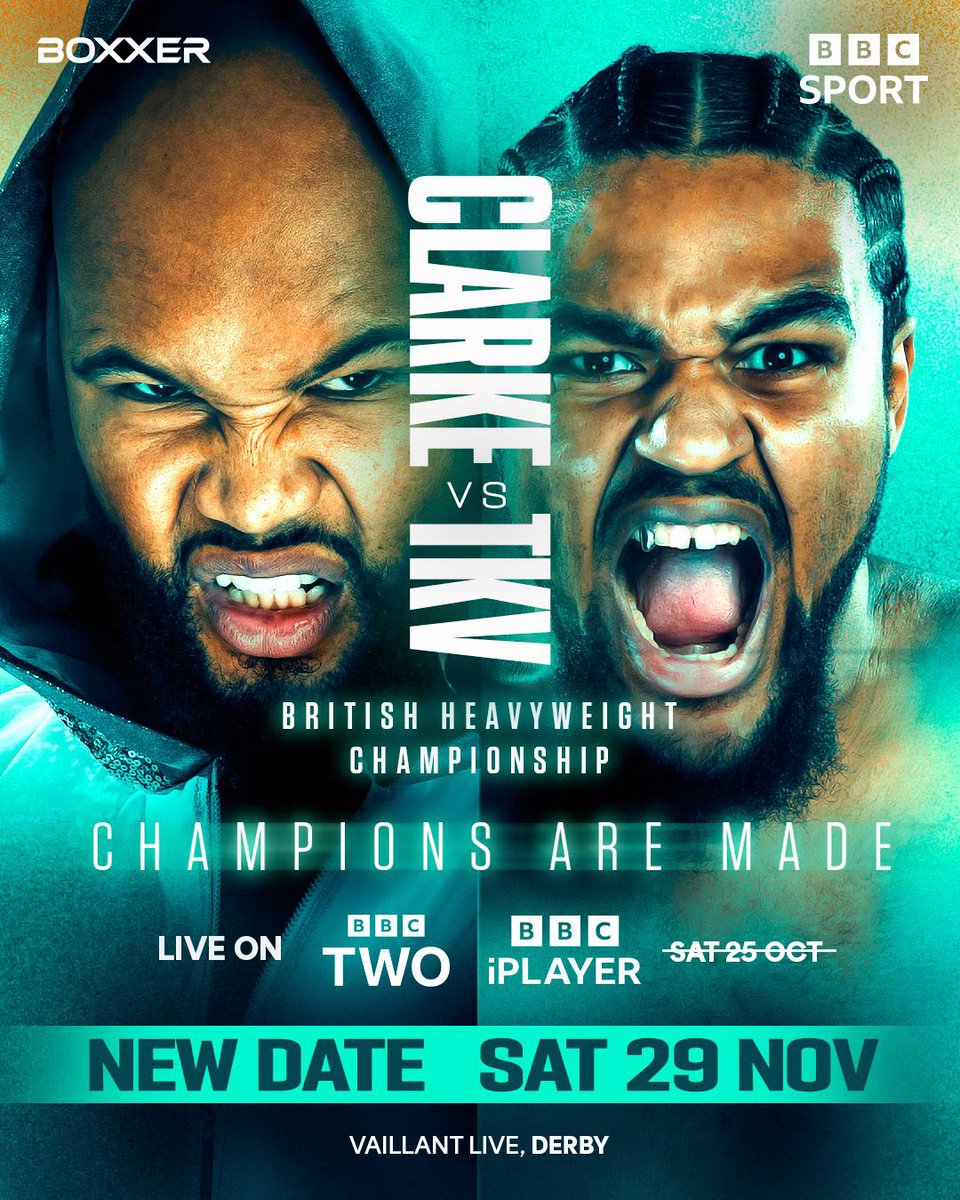 IT'S FIGHT WEEK IN DERBY 🇬🇧

🥊 <a href="/BigFrazeBoxer/">Frazer Clarke</a> 🆚 <a href="/JeamieTkvBoxing/">Jeamie TKV</a> 
👑 Vacant British Heavyweight Title

🥊 Bobby Dalton 🆚 Joel Kodua 
🏆 English Welterweight Title

🥊 Francesca Hennessy 🆚 Fabiana Bytyqi
🥊 Mauro Silva 🆚 Bradley Goldsmith
🥊 Jack Massey 🆚 Ivan Garcia
🥊 Josh