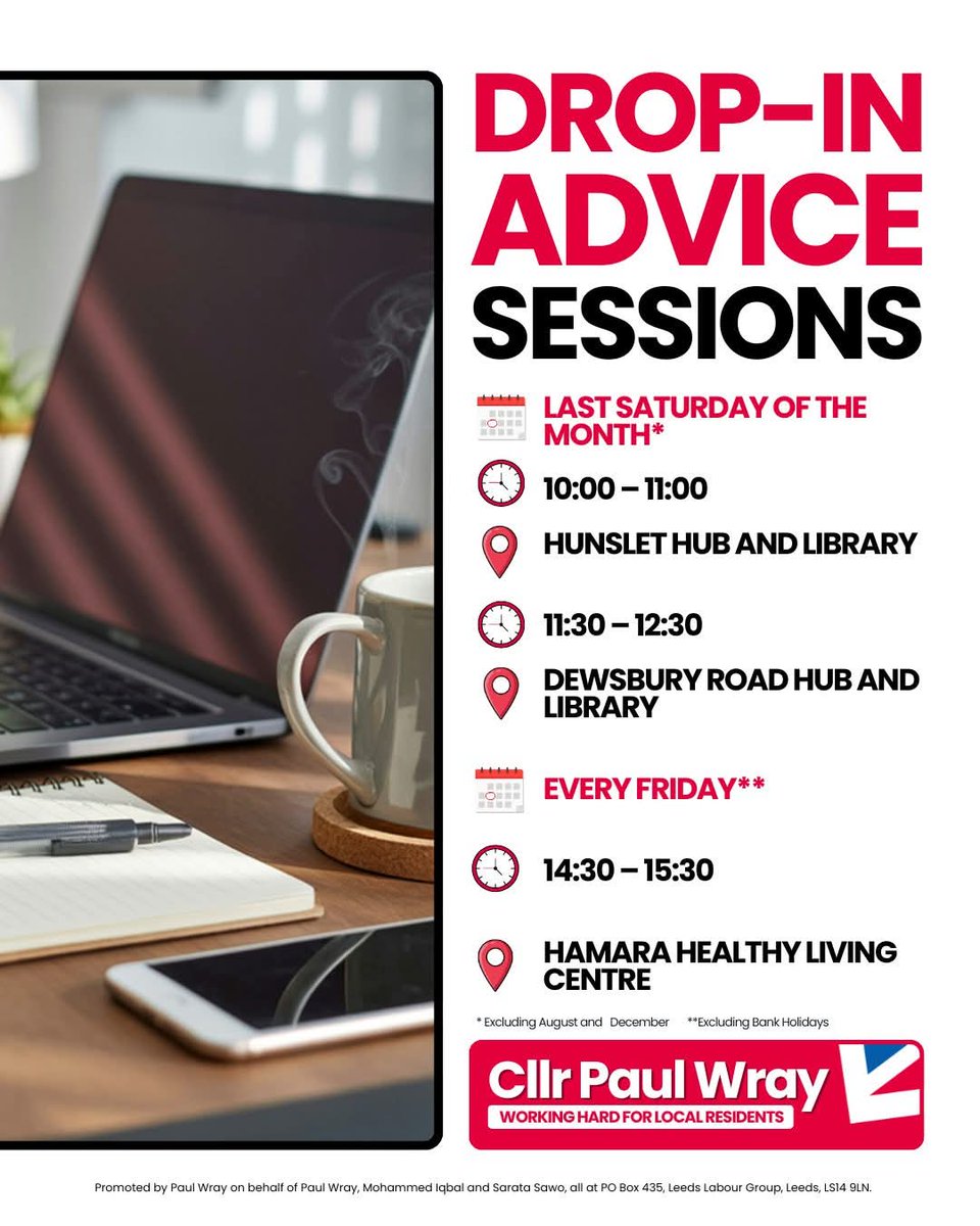 ℹ Face-to-face advice drop-ins, with no appointment needed.

#Leeds #Beeston #BeestonLeeds #Hunslet #LS10 #LS11 #LS1 #LS2 #LS9 #LS12 #LeedsCityCentre #LCC #LeedsCityCouncil #HunsletCarr #HunlsetGreen #LeedsDock #LeedsRiverside #SouthLeeds