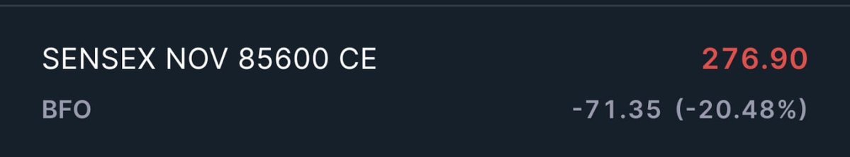 adharerana's tweet image. #POSITIONAL #RISKY

Risk : 2000-2500 Per Lot Max

SENSEX 85600 CE (Nov Expiry)
CMP is 260-285
Can hit 380/490/750+ 
SL 110

Disclaimer : This is a #RISKY Position. Kindly Follow Your own risk management. Not a Advice to anyone.