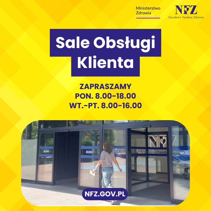 ⌚️ Pracujemy dłużej dla Twojej wygody!

🗓️ Dziś, jak w każdy poniedziałek, nasze Sale Obsługi Klienta są czynne do godziny 1⃣8⃣:0⃣0⃣.

W każdym oddziale #NFZ czekają na Ciebie eksperci, którzy pomogą w załatwieniu Twojej sprawy.

SPRAWDŹ ⤵️
nfz.gov.pl/aktualnosci/ak…
