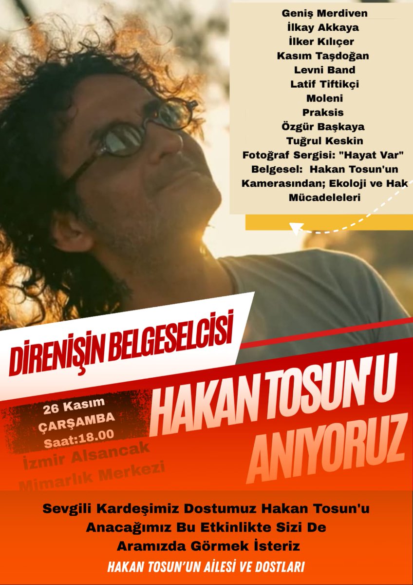 26 Kasım'da İstanbul Esenyurt'ta katledilen  gazeteci, ekoloji aktivisti , hak savunucusu Hakan Tosun'un ailesi ve İzmir'li dostları  İzmir'de bir etkinlik gerçekleştiriliyor.. 
<a href="/HakanTosunn/">Hakan Tosun</a>
<a href="/Hakananeoldu/">Hakan Tosun Ailesi</a>
#HakanTosunaNeOldu 
#KarıncalarBi̇rleşin