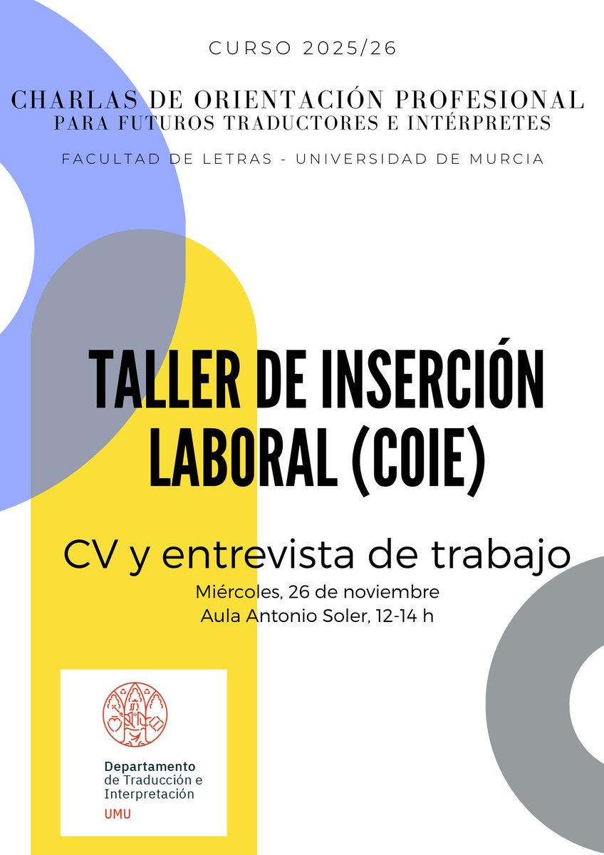 📢 ¡Y terminamos esta semana con las charlas de orientación profesional para el estudiantado del GTeIUM! 📢
Este miércoles, 26 de noviembre, representantes del <a href="/coieum/">COIE UM</a> enseñarán a nuestros estudiantes de prácticas a redactar un buen CV y a enfrentarse a una entrevista de trabajo.