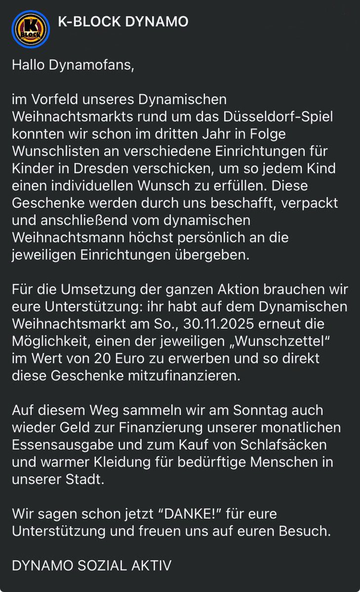 K_BLOCK_DYNAMO's tweet image. Hallo Dynamofans,

auch in diesem Jahr könnt ihr wieder Geschenkepatenschaften für Kinder übernehmen! 

🗓️ Wann? Heimspiel gegen Düsseldorf.

📍 Wo? Auf dem Dynamischen Weihnachtsmarkt.

⏰ Wann? Ab 10.00 Uhr.

#sgd1953 #dynamoland