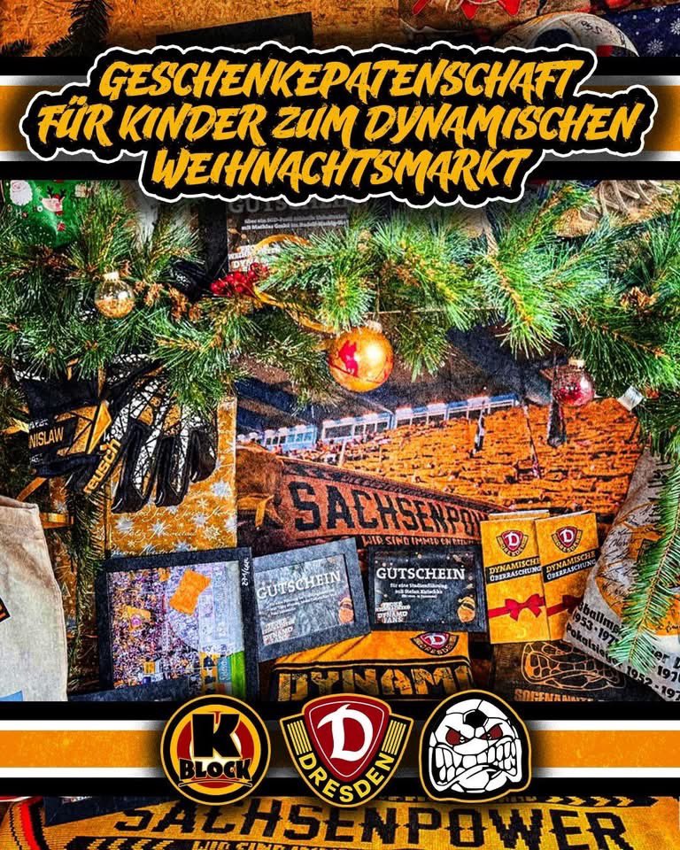 K_BLOCK_DYNAMO's tweet image. Hallo Dynamofans,

auch in diesem Jahr könnt ihr wieder Geschenkepatenschaften für Kinder übernehmen! 

🗓️ Wann? Heimspiel gegen Düsseldorf.

📍 Wo? Auf dem Dynamischen Weihnachtsmarkt.

⏰ Wann? Ab 10.00 Uhr.

#sgd1953 #dynamoland