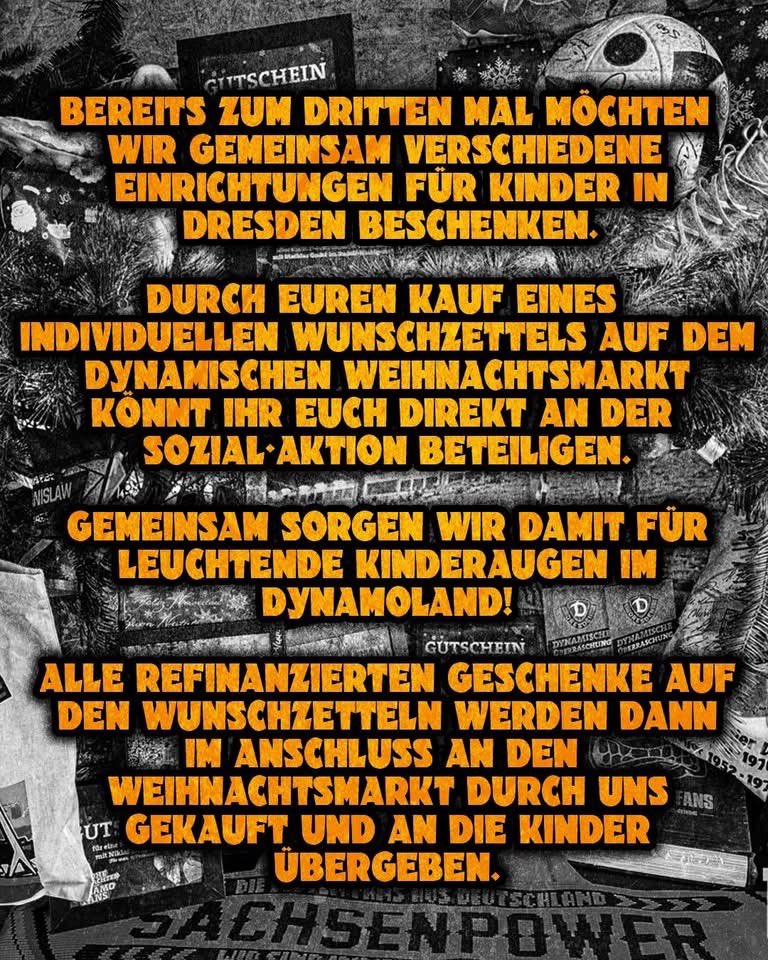 K_BLOCK_DYNAMO's tweet image. Hallo Dynamofans,

auch in diesem Jahr könnt ihr wieder Geschenkepatenschaften für Kinder übernehmen! 

🗓️ Wann? Heimspiel gegen Düsseldorf.

📍 Wo? Auf dem Dynamischen Weihnachtsmarkt.

⏰ Wann? Ab 10.00 Uhr.

#sgd1953 #dynamoland