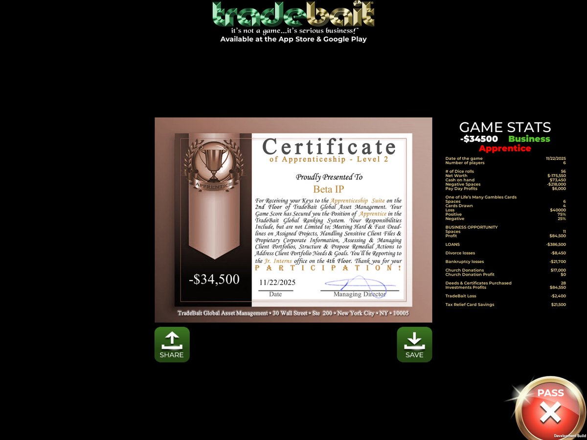 TradeBaitGame's tweet image. Getting a Divorce and going Bankrupt is definitely not a winning combination. Add to that a sub par performance all around did not help matters. The Opportunity cards were the only bright spot. Lost to all 5 Bots. 

#Apprentice #BusinessRoute
#GameScore-($35K)
6…