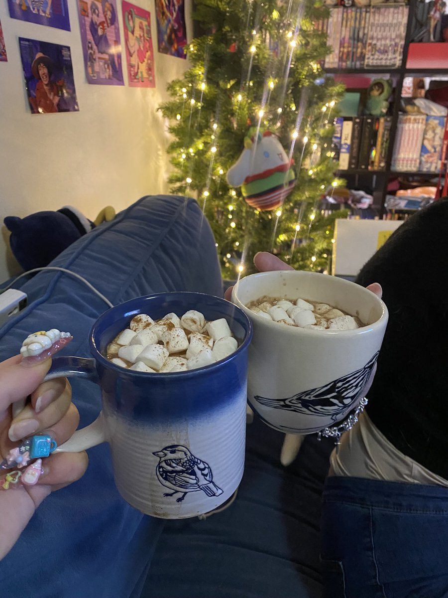 date night last night ! danni made us spiked hot apple cider and I made us a big dinner and spiked hot chocolate and we started catching up on the Bake Off I missed while in Japan 🥹💕