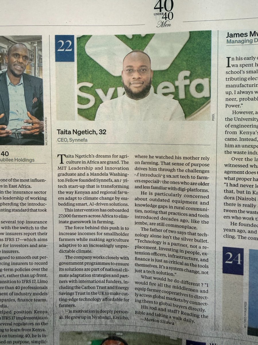 taitangetich's tweet image. Just a young man from Nyabangi Village in Kericho committed to improving incomes for farmers.

Greatly honoured to be this year&apos;s #Top40under40 men #BDTop40under40Men2025