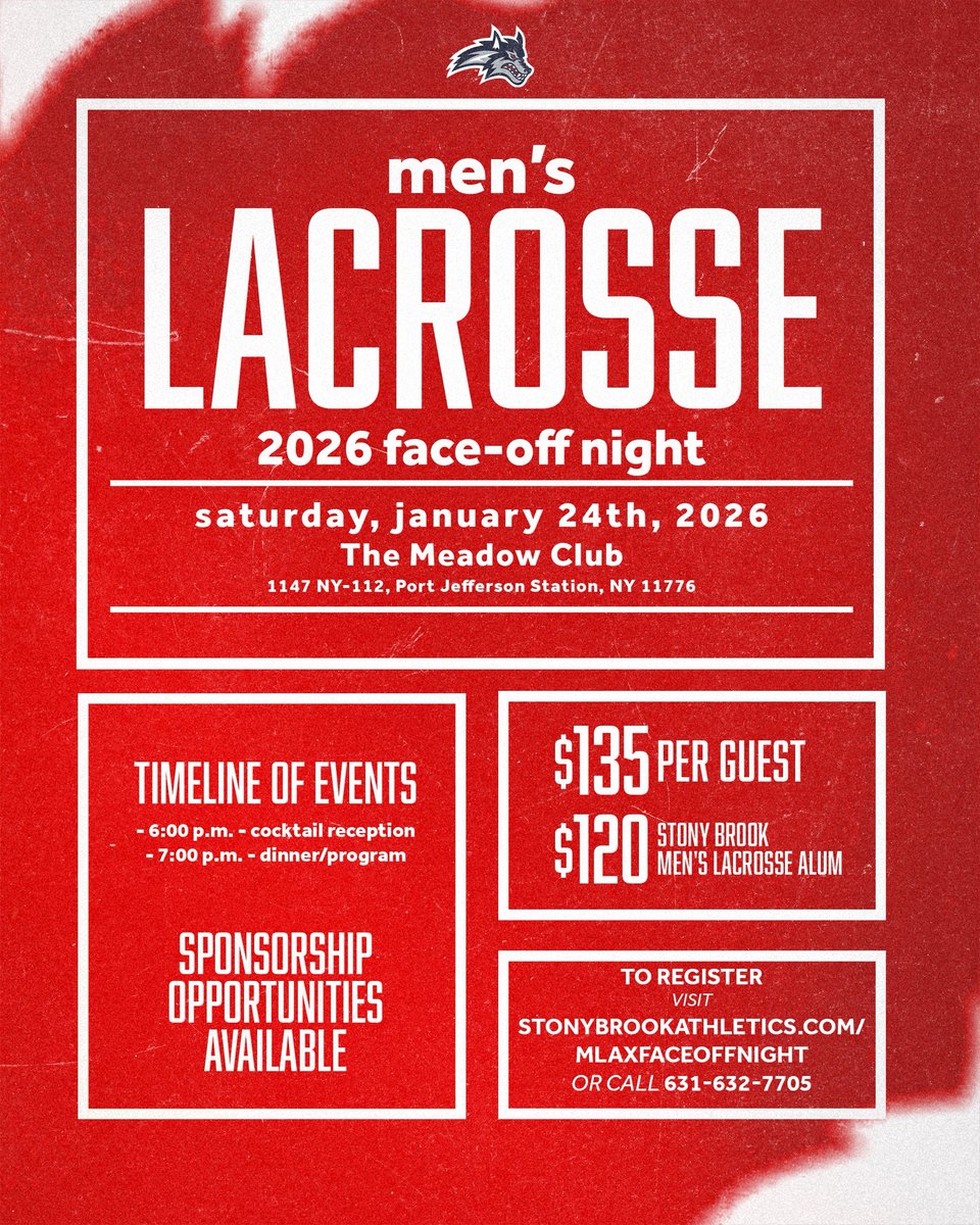 SeawolvesUnited's tweet image. The Annual @stonybrookmlax Face-Off Night is Back! 🥍
Join us on January 24, 2026 at @themeadowclub as we kick off the new season with our Stony Brook Men’s Lacrosse family! 🥍❤️

Tickets and Sponsorships available! 🎟️

Register today → stonybrookathletics.com/mlaxfaceoffnig…