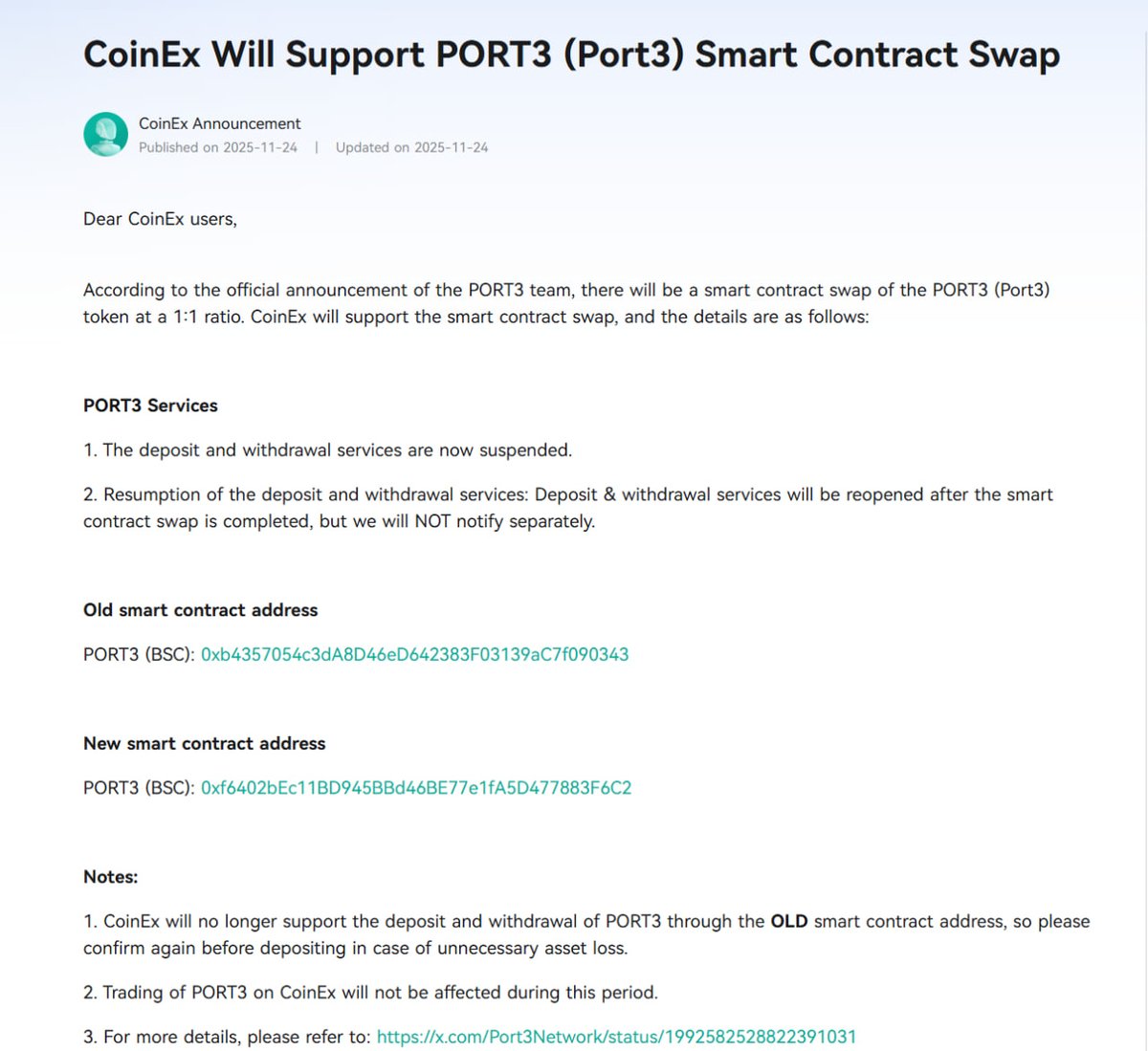 Port3Network's tweet photo. CoinEx @coinexcom has supported the $PORT3 Contract Swap.

Huge thanks for the swift action and continuous support to our community! 🙌

$PORT3 deposit & withdrawal services will be reopened after the smart contract swap is completed.

$PORT3: BSC | 0xf6402bec11bd945bbd46be77e1fa5d477883f6c2

https://t.co/Y9jsIwJyKa

#PORT3 #CoinEx