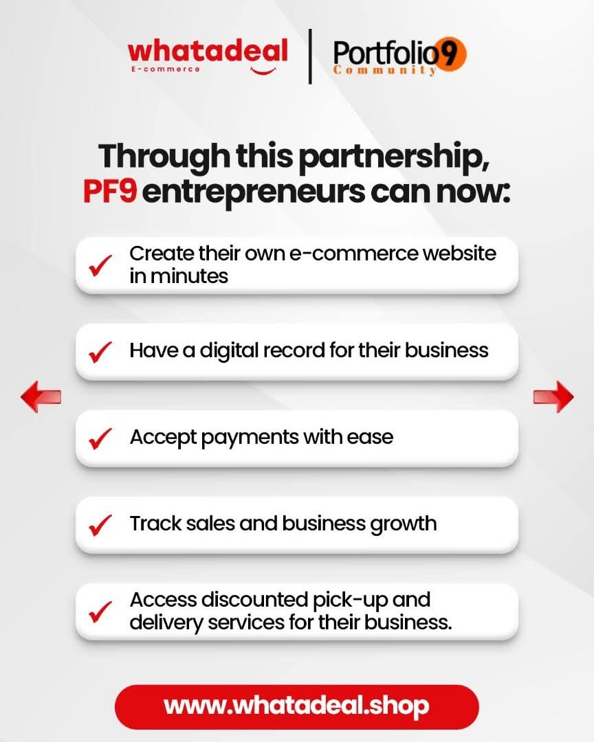 Ptf9Ng_'s tweet image. Get your E-COMMERCE website as a P9 MEMBER. 
Courtesy WHATADEAL
👇🏾

LINK: Bit.ly/p9ecomweb (VERIFIED)

WHATADEAL has teamed up with Portfolio 9 (Community), home to over 700k entrepreneurs to help members sell smarter, grow faster, and reach more customers.