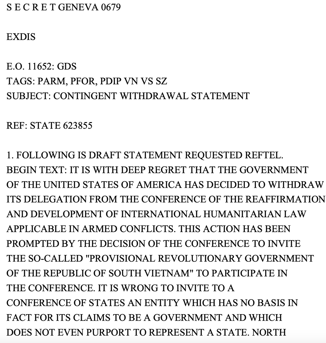 boyd_vandijk's tweet image. a bit of what if history - US govt draft statement announcing its withdrawal from Additional Protocols making in case of scenario accession Provisional Revolutionary Government of the Republic of South Vietnam (Feb 1975) to 2nd session in Geneva.