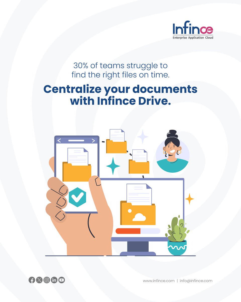INFINCE1's tweet image. 30% of teams struggle to find the right files on time, but yours doesn’t have to.
With Infince Drive, centralize all your documents, access everything instantly, and keep your workplace organized and efficient.

Explore more at Infince.com

#Infince #DigitalWorkspace