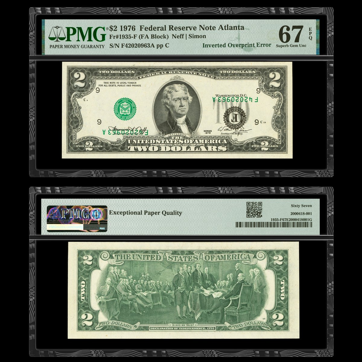 PMGnotes's tweet image. Note of the Day: Today’s #MistakeMonday note is the Inverted Overprint Error on this 1976 $2 Federal Reserve Note. The serial number, seals and district numbers are upside-down on the front. You can find this note in a @HeritageAuctions sale in January: tinyurl.com/2z87r67a