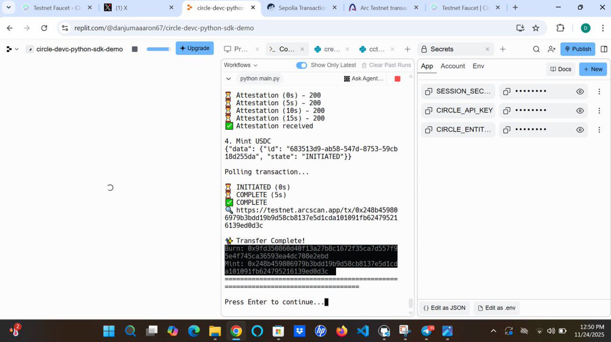 Daily Building with ARC

I was able to run cross chain transfer using Python SDK on Arc Testnet today.  Thanks <a href="/TxnSheng/">Elton Tay</a> for the guide

The guide helped me in creating a walletset and also creating wallets

You can find some of the tx links below 👇