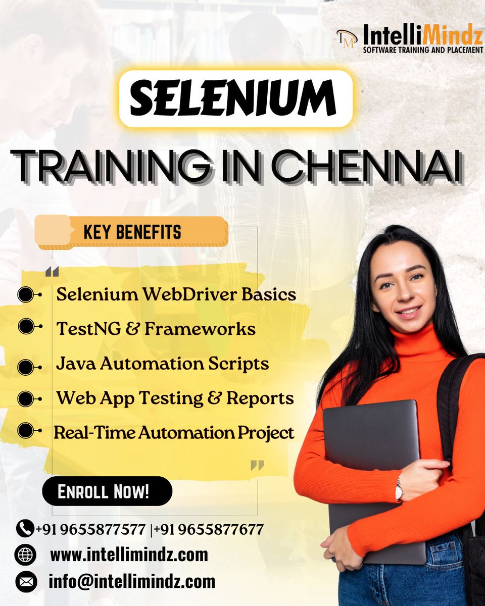 RojamaniI38048's tweet image. 📷 Test Smarter. Automate Faster.
Join Chennai’s most practical Selenium Automation Training at IntelliMindz 📷
📷 Real-Time Projects
📷 Expert-Led Sessions
📷 100% Placement Guidance
📷 +91 9655877677 | 📷 info@intellimindz.com
📷 intellimindz.com
#SeleniumTraining