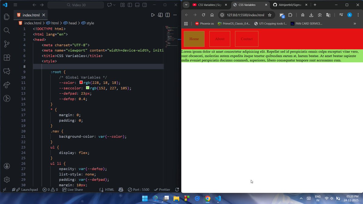 Abhijeetb0's tweet image. 🚀 Day 18/100 - #100DaysOfCode
21-11-2025
What I learnt 👨🏻‍💻 today - 
⭕Web Dev :-
✅ CSS Variables
✅ Practiced it
#LearnInPublic #letsconnect #WebDevelopment