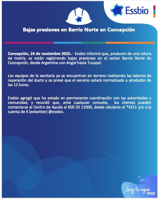 essbio's tweet image. Producto de una rotura de matriz se generaron bajas presiones en un sector de #Concepción. Revisa más info 👇