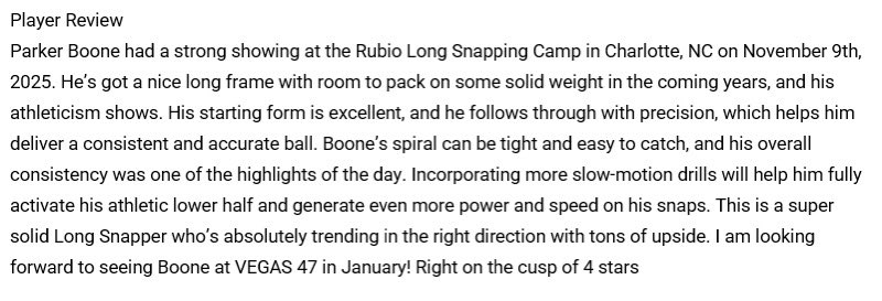 Greatful to have earned 3.5 stars and #1 in Va at the <a href="/TheChrisRubio/">Rubio Long Snapping®</a> camp in charlotte Nc, gotta work to get that 4th star. 
<a href="/MrNeas_KellamHS/">Coach Neas</a>