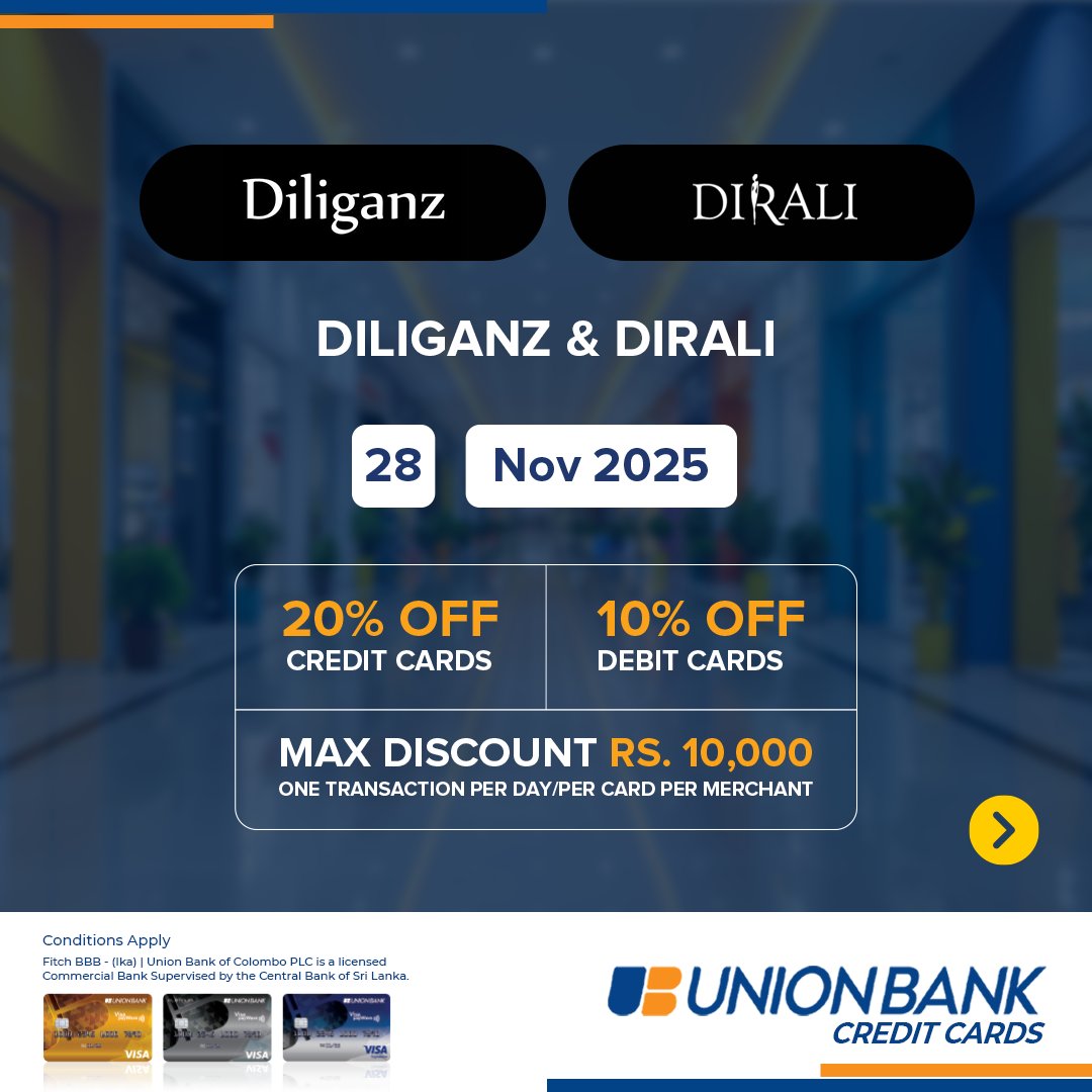 Experience exclusive seasonal savings at all your favourite shopping destinations.
Call 0117 818 181 or visit bit.ly/3K3B2zV
#UnionBankofColomboPlc #UnionBankSL