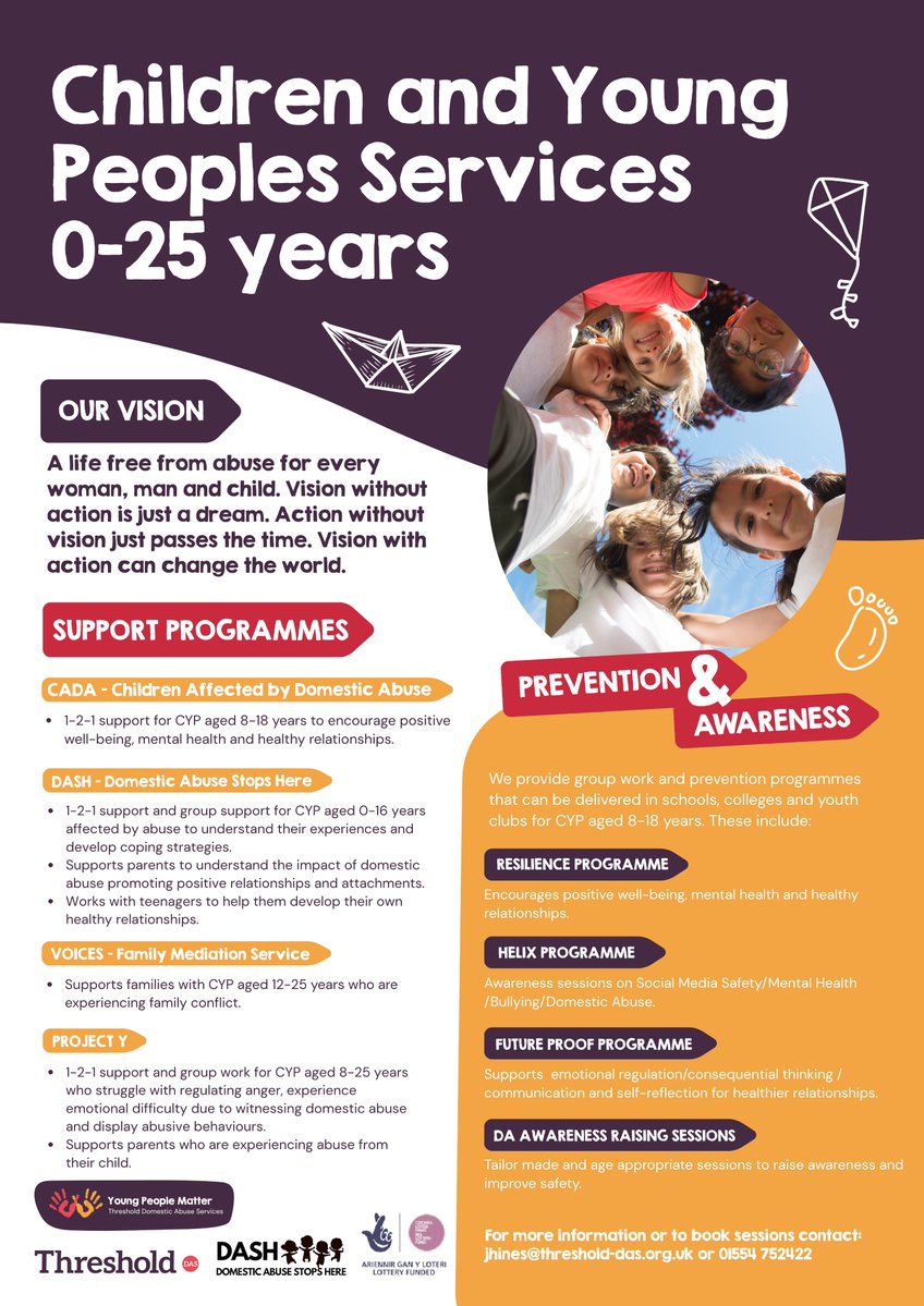 ThresholdDAS's tweet image. Every child and young person deserves to feel safe, supported and heard. Our CYP Services offer 1-2-1 support, group work and school programmes for ages 0–25, promoting wellbeing, resilience and healthy relationships.

jhines@threshold-das.org.uk / 01554 752422