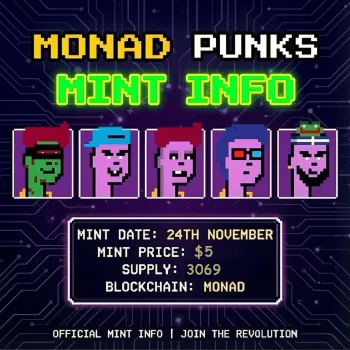 monadpunks2's tweet image. Monad Punks mint details 🟣

Date: November 24th
Price: $5 in MON tokens
Supply: 3069

Phase 1: FCFS (5 per wallet)

RT &amp;amp; Reply with your EVM wallet 👇