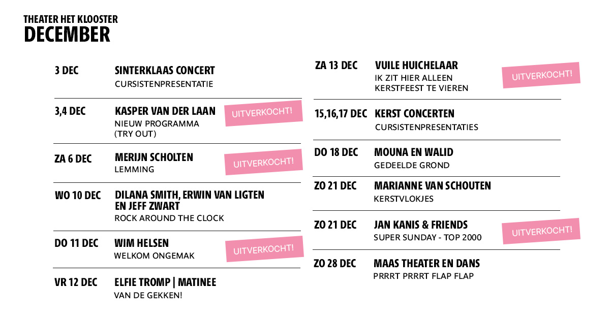 Van rock tot kerstpret, december in Het Klooster barst van verrassingen! Rock around the Clock, Elfie Tromp, Gedeelde Grond, Kerstvlokjes en vogelspotters in PRRRT PRRRT FLAP FLAP. Tickets via kloosterwoerden.nl