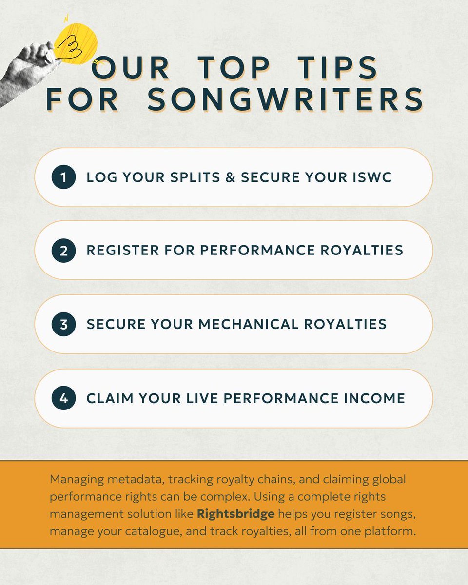 Every song deserves its full credit and every writer deserves their full income.

We help register songs, manage your catalogue, and track royalties, all from one platform. DM to set-up your intro call 📞

#songwriters #publishingrights