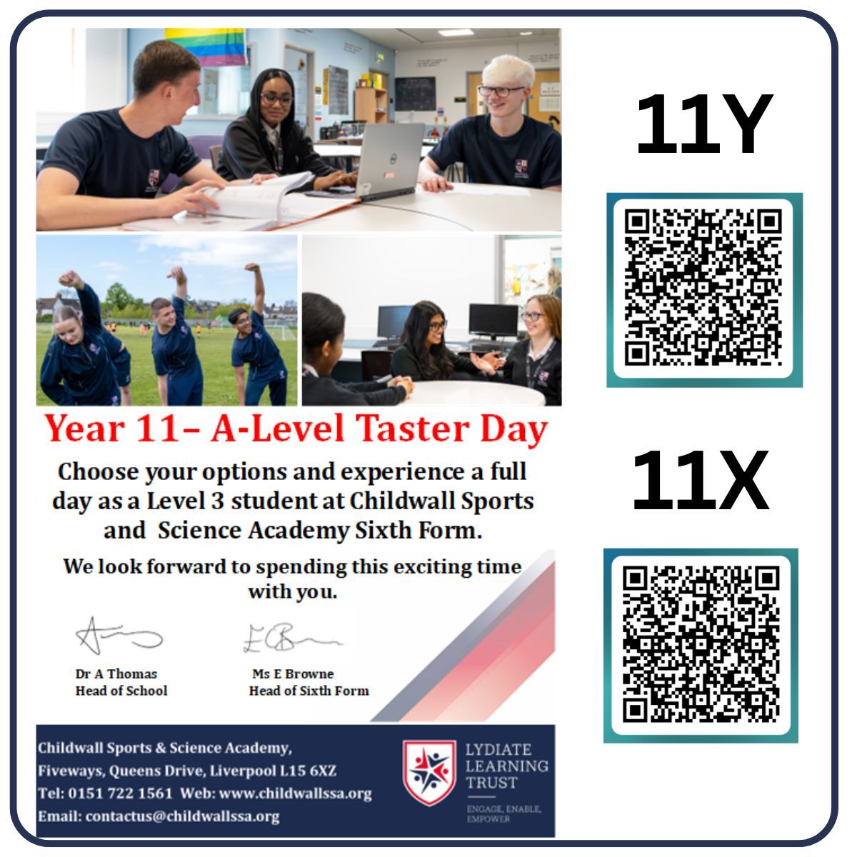 Childwall_acad's tweet image. Your Year 11 Taster Day is coming up:
11X - Friday 5th December
11Y - Friday 12th December
Year 11 - Remember to get your subject choice selection in!!
#future #sixthform #goals