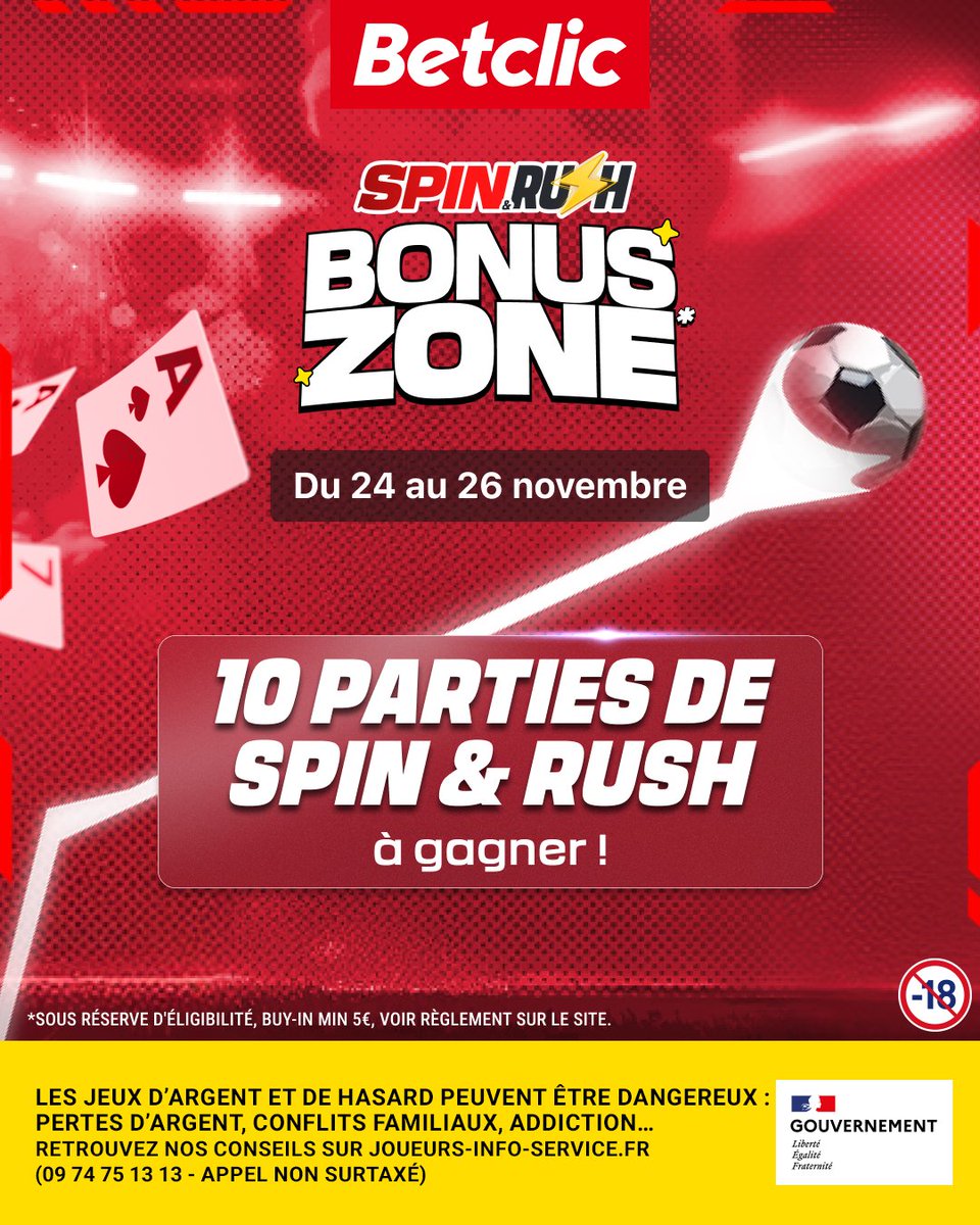 Betclic's tweet image. ENVIE DE TESTER LA NOUVELLE BONUS ZONE ? ♠️ 

On offre 10 parties de Spin &amp;amp; Rush pour que tu puisses tenter ta chance ! 🎁

🍀 RT + ton pseudo et #BonusZoneBetclic en commentaire