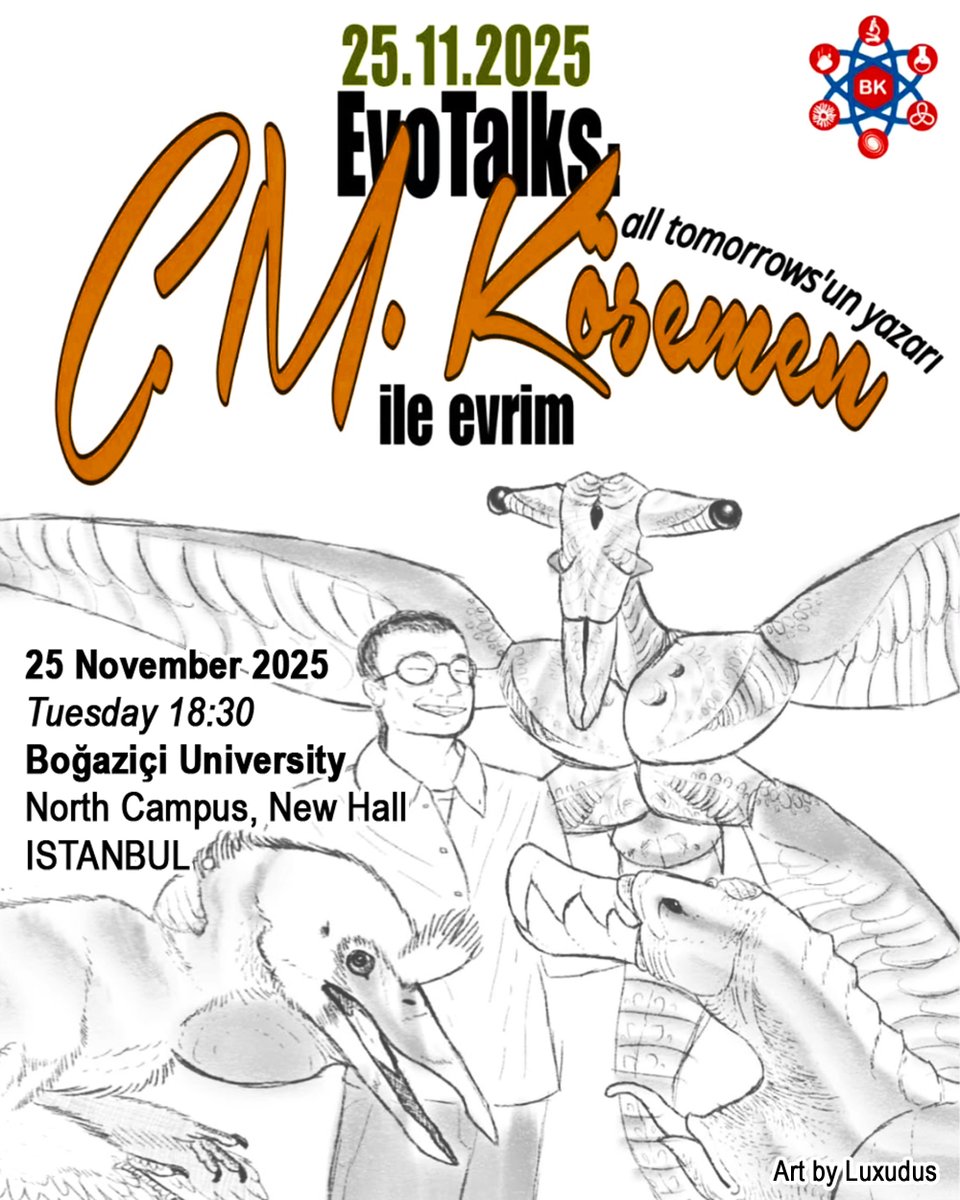 cmkosemen's tweet image. If you live in Istanbul, you can see me talk about my work - including #alltomorrows TOMORROW - Tuesday, the 25th of November, 2025 - at Istanbul&apos;s Boğaziçi University. 

Follow instagram.com/bubk.evoeko and DM them for attendance details.

Art by &quot;Luxudus&quot;.