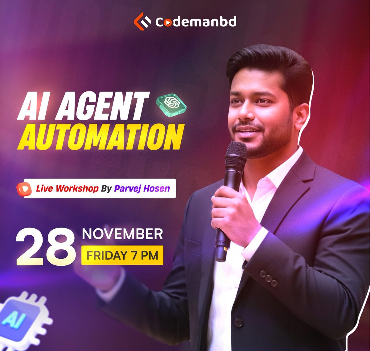codemanbd's tweet image. 🆓 ফ্রি ওয়ার্কশপ: এআই এজেন্ট অটোমেশন

🤖 ভবিষ্যতের কাজকে দ্রুত, স্মার্ট ও অটোমেটেড করতে চাইলে, এআই এজেন্ট অটোমেশন এখন সবচেয়ে জরুরি স্কিল!
---
এই ফ্রি ওয়ার্কশপে আপনি শিখবেন:

✅ এআই এজেন্ট কী এবং কিভাবে কাজ করে
✅ ব্যবসা, মার্কেটিং ও সার্ভিস অটোমেশনে এআই এজেন্টের ব্যবহার