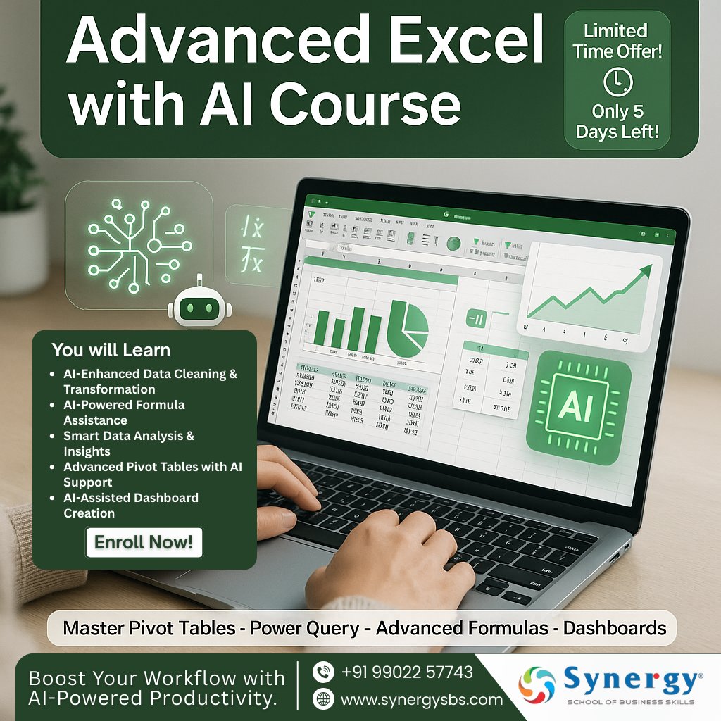 SynergyBsk's tweet image. Advanced Excel with AI is becoming a must-have skill—and this batch is filling fast!
Boost your career before you miss out.
Call +91 99022 57743 | synergysbs.com
Bengaluru, Banashankari

#AdvancedExcel #AI