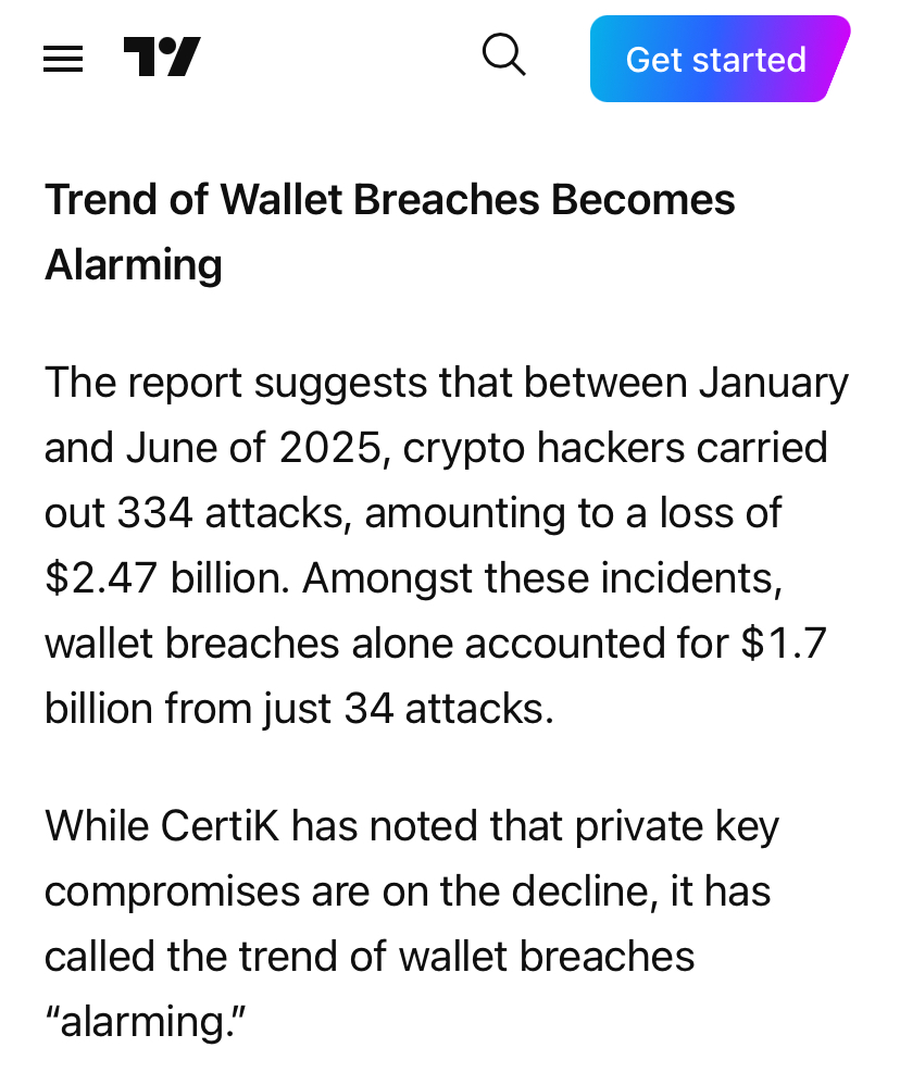 CacheWallet's tweet image. The report suggests that between January and June 2025, Crypto hackers carried out 334 attacks, amounting to a loss of $2.47 billion.

Wallet breach = private key theft. With Offline Key Storage + Recovery, you’re not in the key-compromise queue.

We got you! 🤭👌