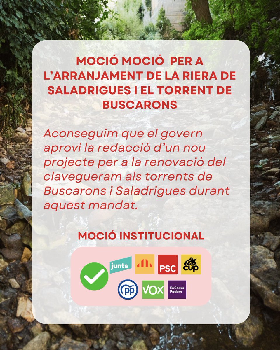 👏Aprovada per unanimitat la nostra moció per reactivar l’arranjament de la Riera de Saladrigues i el Torrent de Buscarons.
✅Nou projecte executiu 📄
✅Cerca de finançament amb AMB, Diputació i EMD 💰
✅Transparència amb el veïnat 📣
Un pas endavant per La Floresta. 🌿❤️