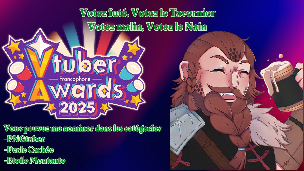 Il reste encore trois jours pour voter aux Vtuber Awards Francophone 2025 !!🍻

On a déjà tout cassé avec le Tavernathon, mais si vous voulez à nouveau me soutenir vous pouvez me nominer dans ces catégories !
Un post arrivera ce soir pour le Tavernathon ! 💚
Art by <a href="/kahluavt/">Kahlua 🐛🦋₊˚⊹ VtuberFR</a>