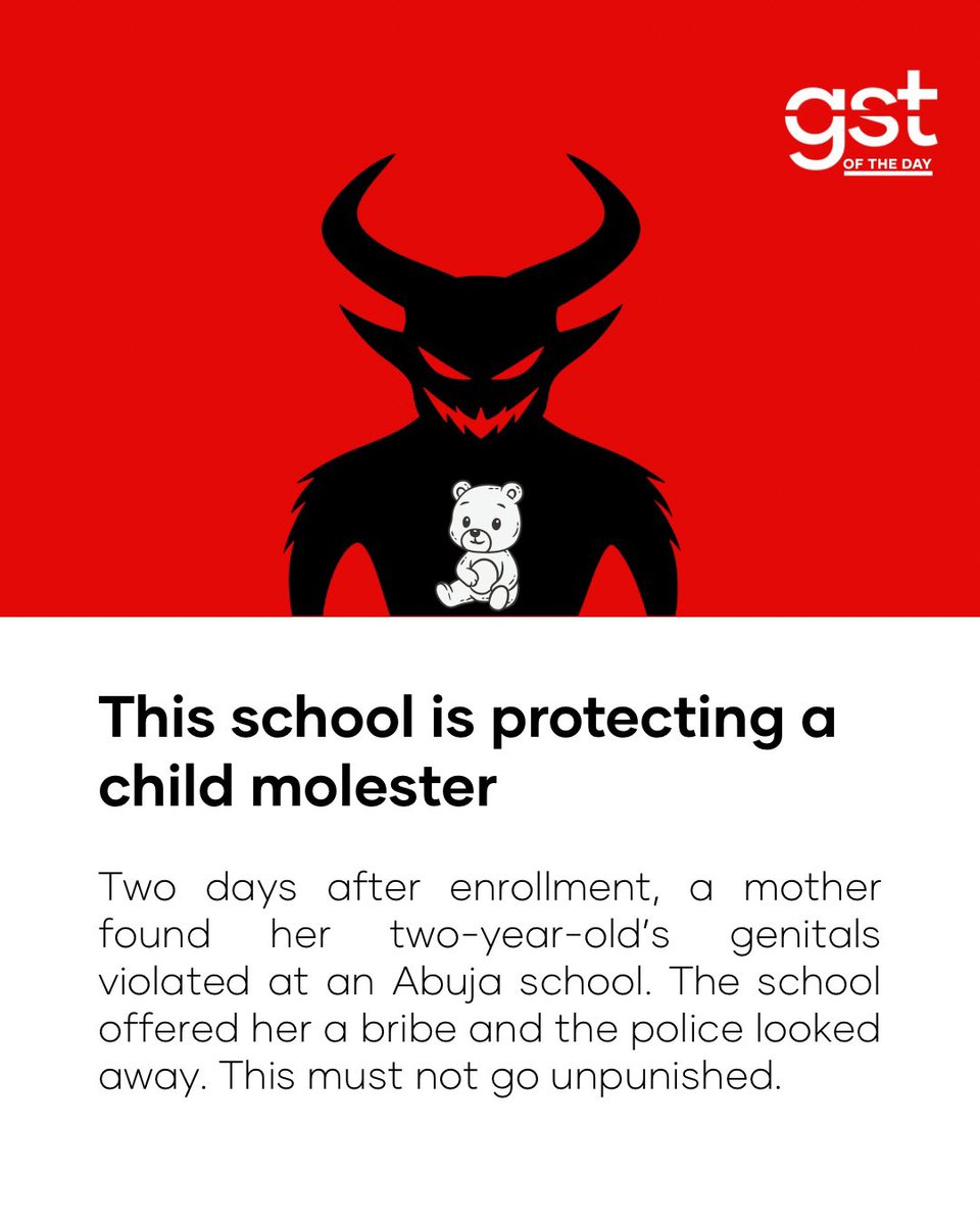 wearegst's tweet image. A child was sexually assaulted, and the school’s first instinct was to threaten her mother — while police dismissed the case. Absolutely diabolical.

Nigeria needs a full child-safeguarding reset: mandatory reporting, independent investigations, and real consequences for every…