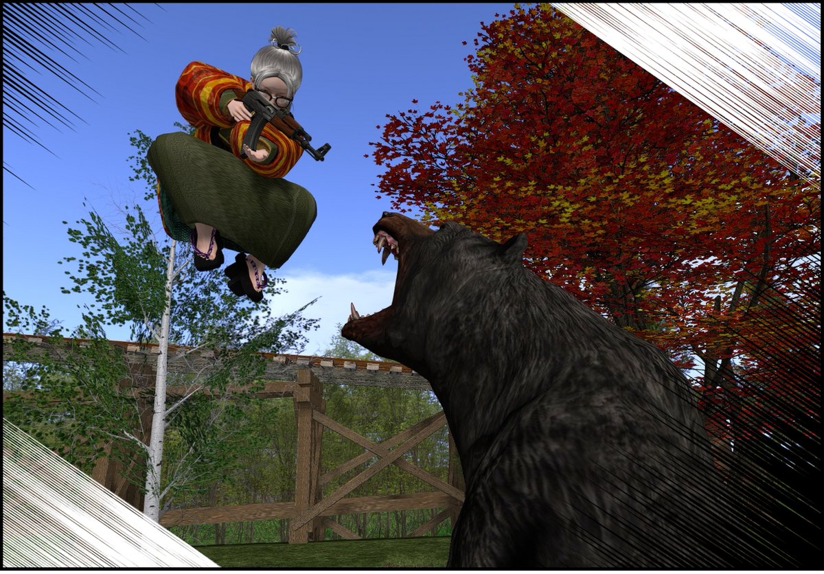 おばあさんなスキンが安かったから、Avatar Welcome Packのヘッドに装着してみた。栄福町のタバコ屋さんで撮ってみた。あとうちの庭。この世界は老若男女なんでも作れて楽しいね。