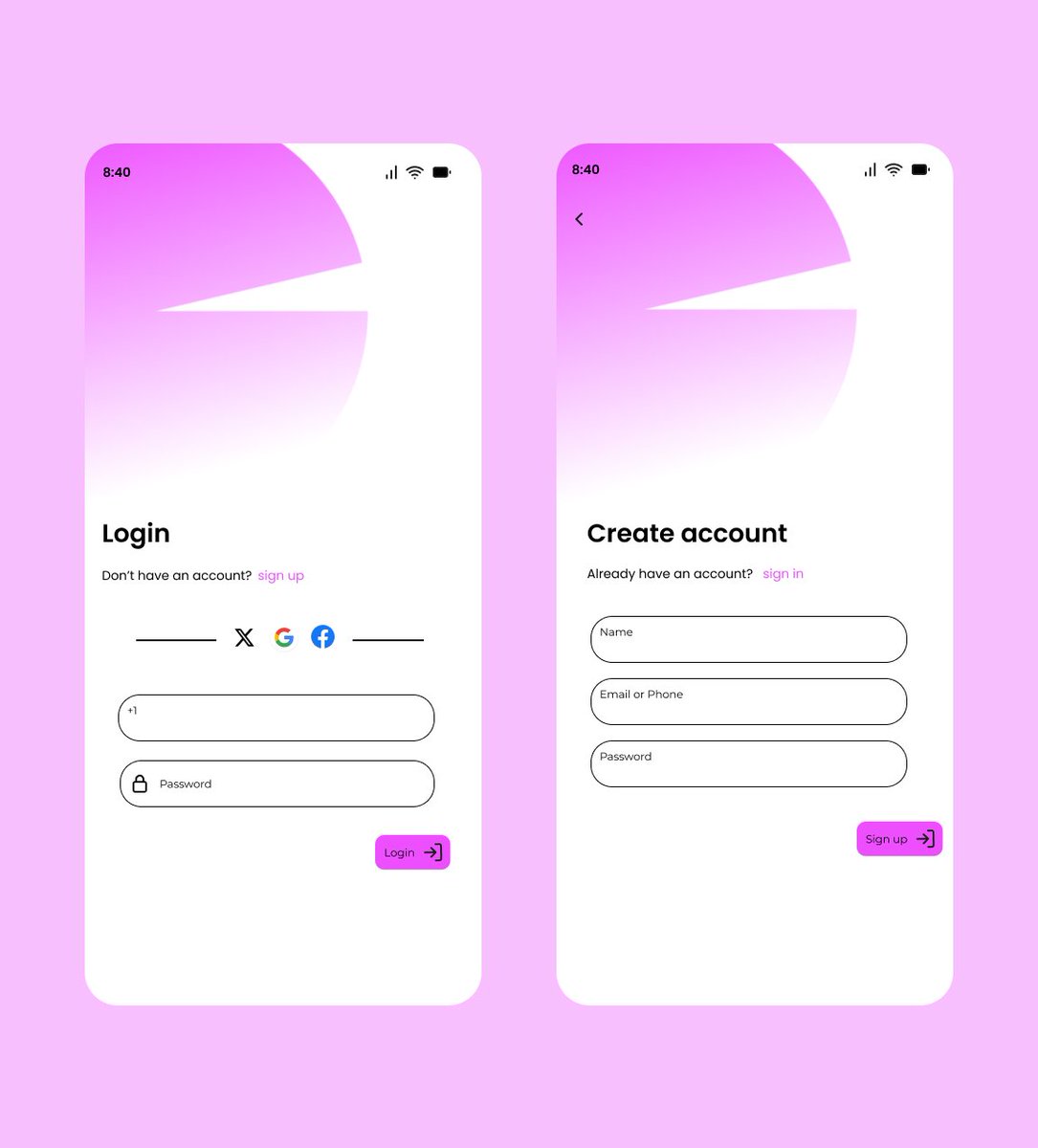 design_richie's tweet image. GM Everyone 
Exploring softer, calmer mobile flows in Figma — and this login/sign-up design is one of my favorites.
Smooth gradients, soft edges, simple fields… all made to guide, not overwhelm.

Hire me for your next design 
#uiuxdesigner