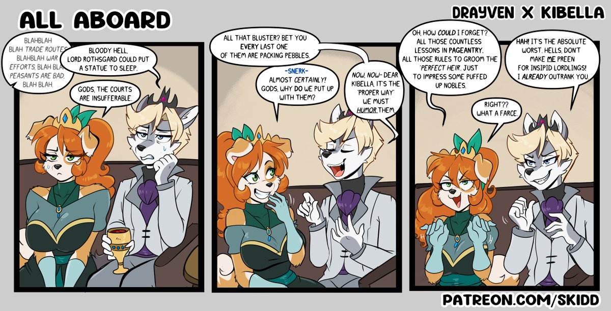 New All Aboard shipping comic, Kibella and Drayven sure can relate to how asinine politics and royalty are.
Voted by fans in our Discord server!
Wanna see more content like this?

Read UberQuest now! -> uberquest.studiokhimera.com

Support the Comic! -> patreon.com/c/skidd