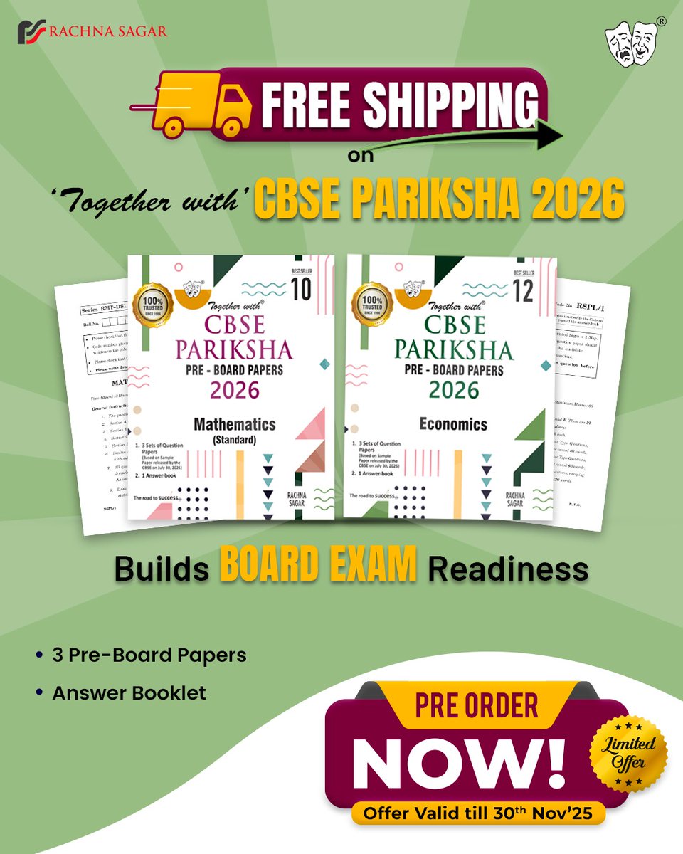 rachnasagargrp's tweet image. FREE SHIPPING 🚚 on Pre-Orders!
Grab ‘Together with’ CBSE Pariksha 2026 Pre-Board Papers 📚 to build board exam confidence. Hurry Up, Offer valid till 30 Nov’25.
Book your Pre-Order on 
rachnasagar.in 
#CBSE2026 #BoardExamPrep #Class10 #Class12 #PreBoardPapers