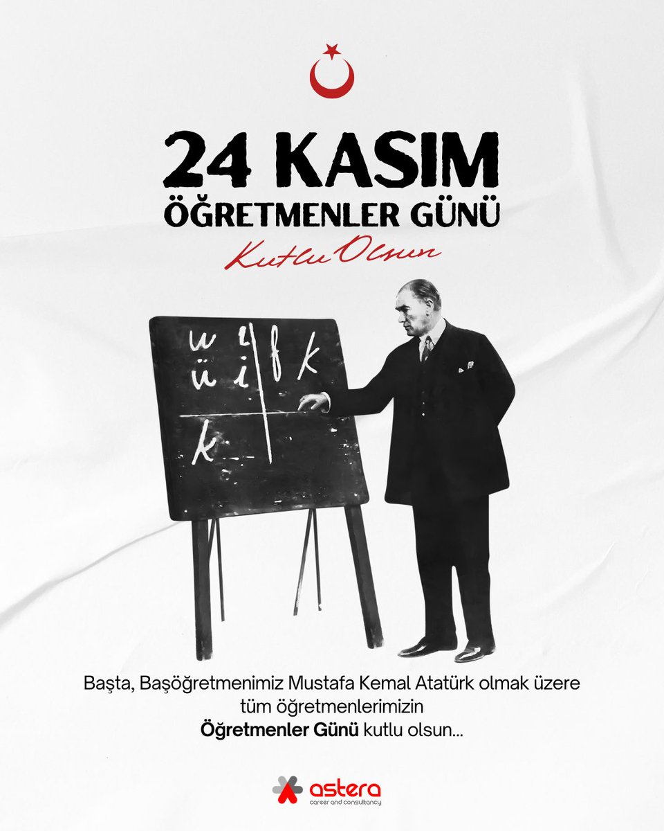 AsteraHR's tweet photo. Astera olarak, başta Başöğretmenimiz Mustafa Kemal Atatürk olmak üzere; geleceği inşa eden, nesillere ilham veren, bilgiyle yolumuzu aydınlatan tüm öğretmenlerimizin Öğretmenler Günü’nü kutlarız. 🎓

Emekleri, sabırları ve geleceğe bıraktıkları kalıcı iz için minnettarız. https://t.co/IFWa0Q9aEm