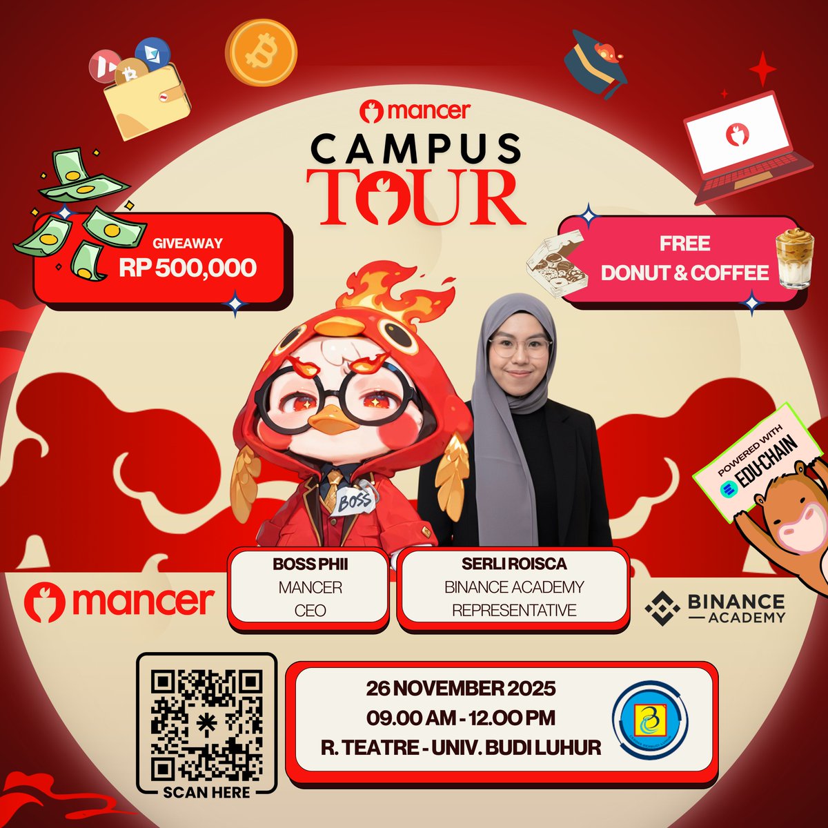 MancerWork's tweet image. 🔥 Mancer Campus Tour is coming to Budi Luhur University 

📍 26 Nov | 09.00–12.00 WIB
📌 R. Teatre – Universitas Budi Luhur
⚠️Regist to join, get your Resign Donuts, Coffee, and Merch 👉tr.ee/MancerCampusTo…

🎤 Meet the Speakers:
- Boss Phii, CEO @Mancerwork
- Serli Roisca,…